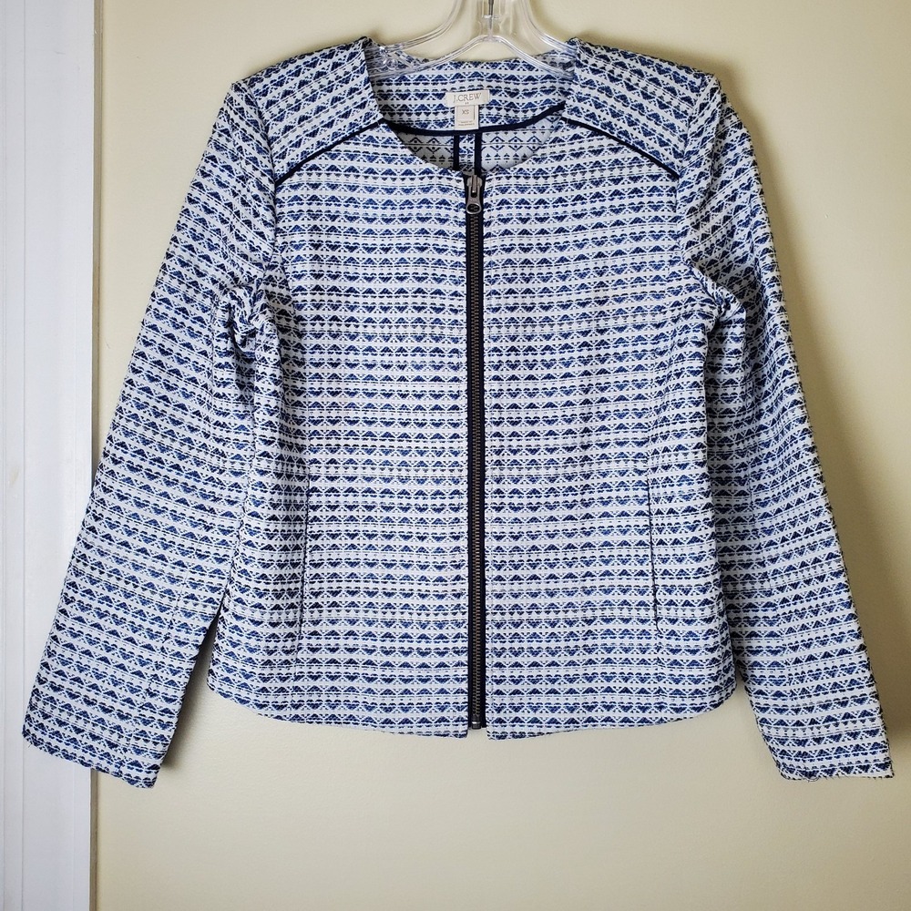 Women's J Crew Zip Cropped Jacket Textured Blue Heart Design‎ XS Preppy Business